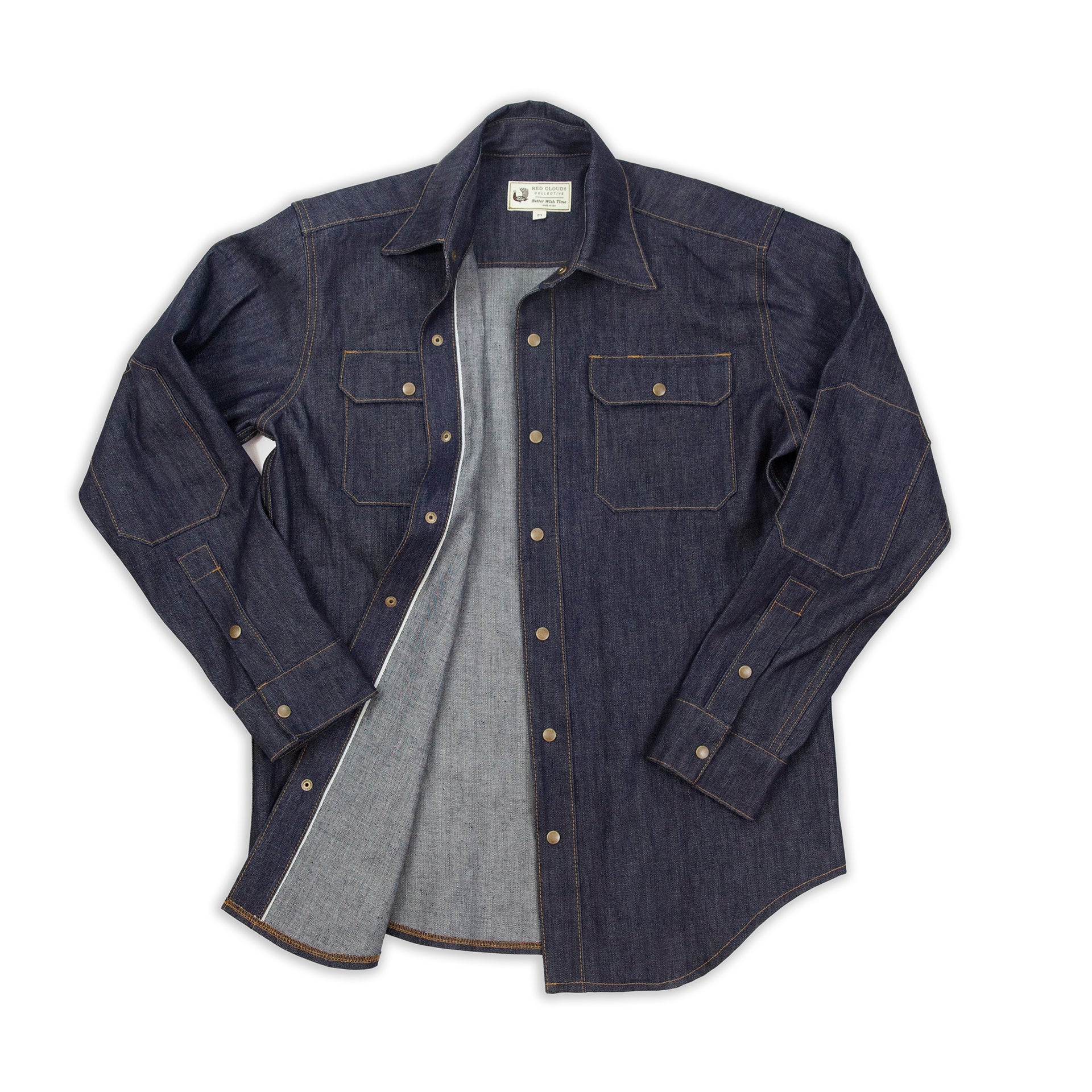 selvage denim work shirt, work shirt, made in usa, durable shirt, heavy duty shirt, made to last, made in portland, quality clothing, durable work shirt, selvage denim, moto, witham work shirt, red clouds shirt