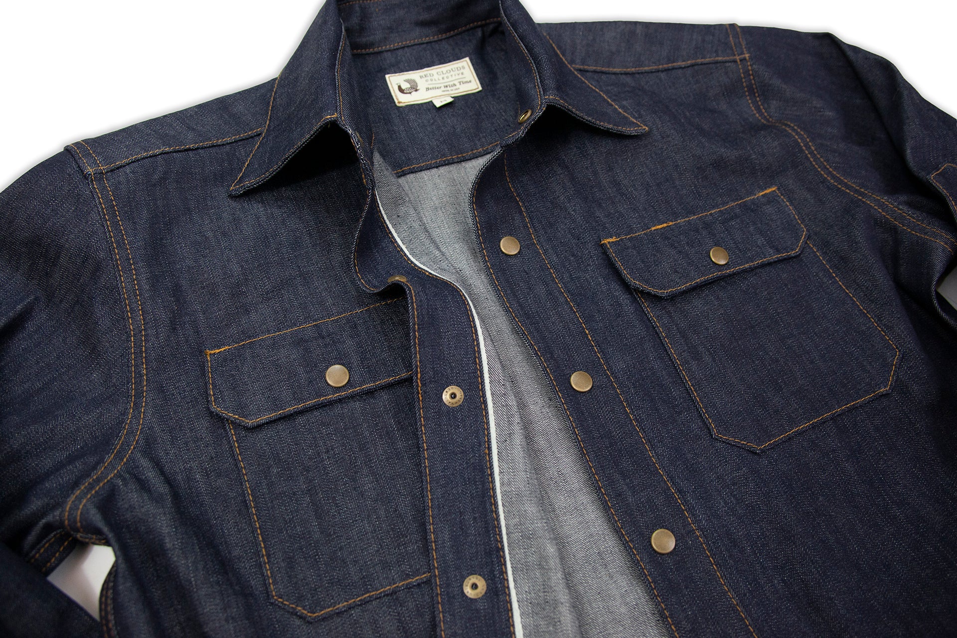 selvage denim work shirt, work shirt, made in usa, durable shirt, heavy duty shirt, made to last, made in portland, quality clothing, durable work shirt, selvage denim, moto, witham work shirt, red clouds shirt