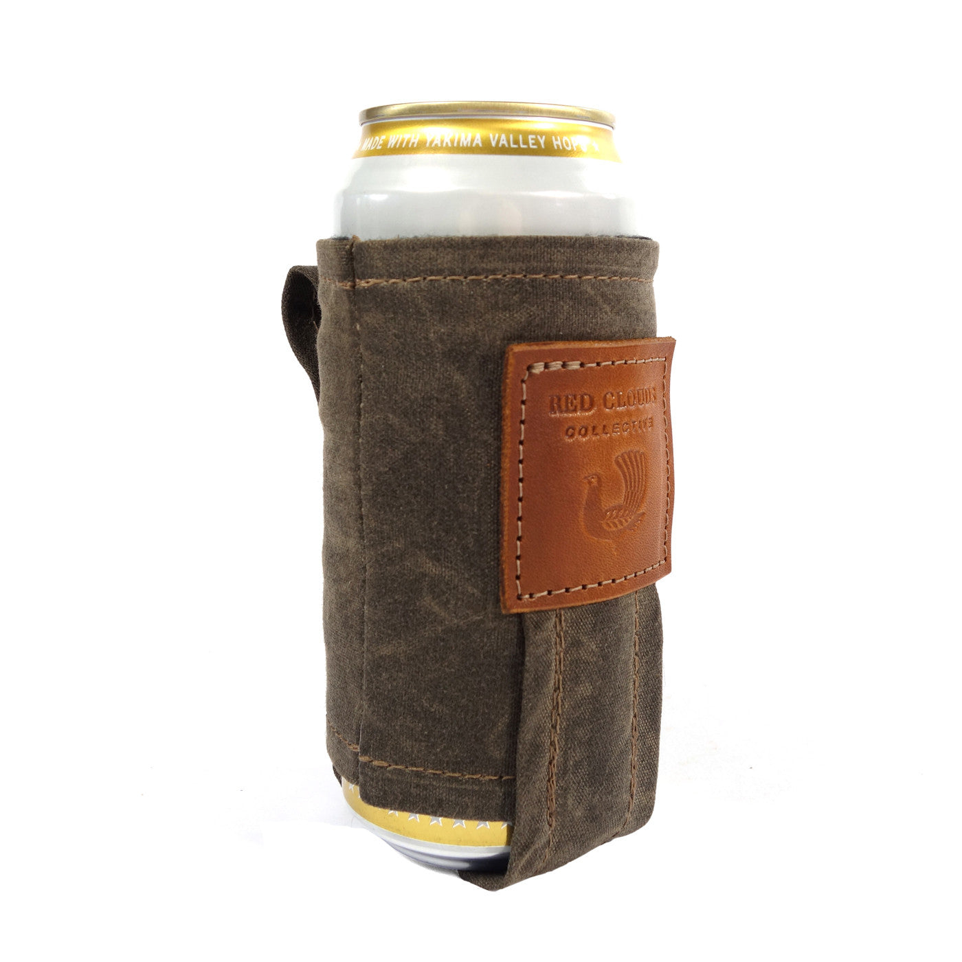 Magnetic Koozie, waxed canvas koozie, leather koozie, rare earth magnets, beer koozie, tallboy koozie, red clouds koozie, This is not your normal koozie. It uses very strong, rare earth magnets to hold the weight of your full beverage attached to the fridge, stove, your car or any other metal surface while you are working or playing. A clever back loop also lets you attach a string and wear the koozie around your neck.