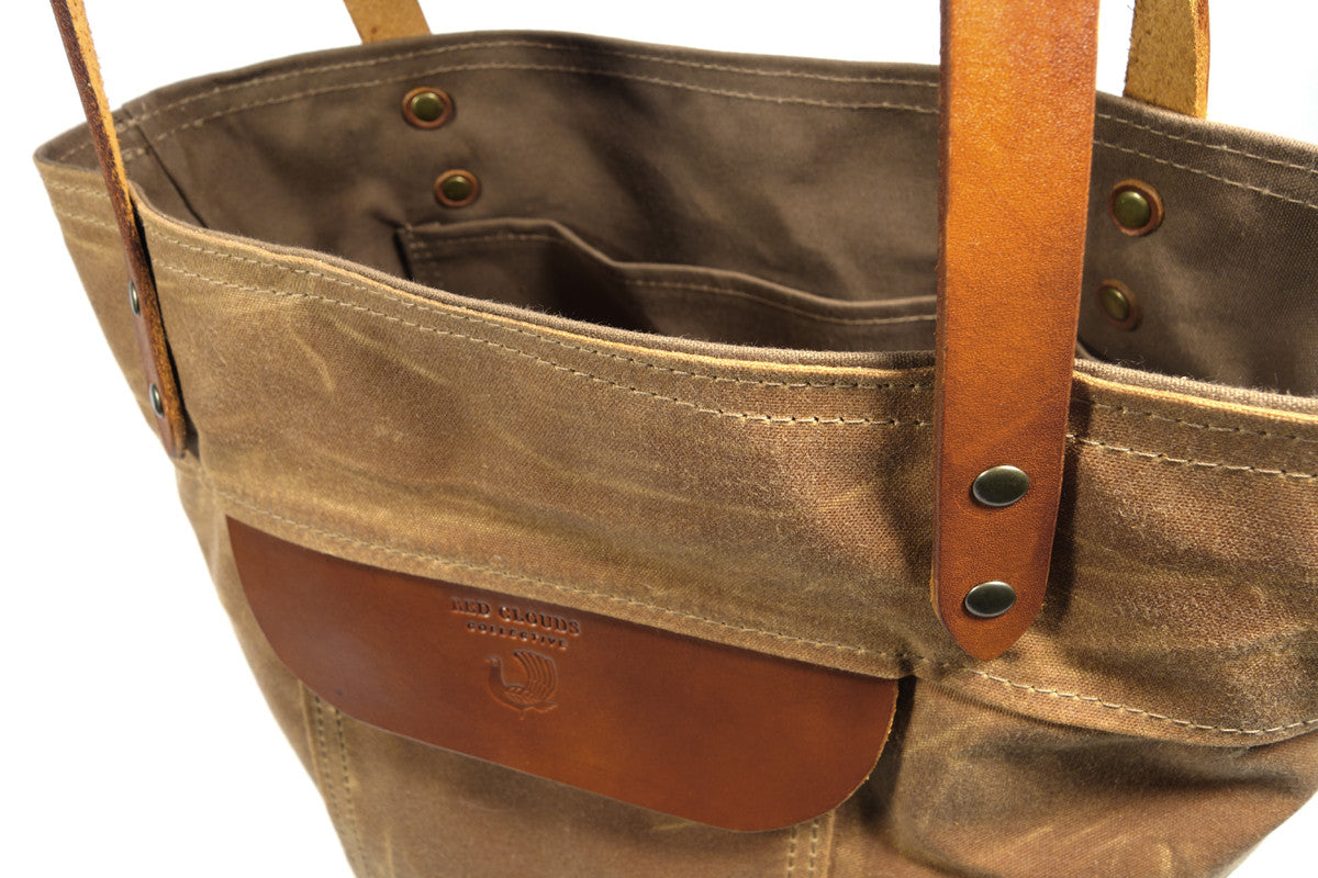 tote bag, waxed canvas tote bag, waxed cotton bag, waxed canvas bag, handmade tote bag, over the shoulder tote, red clouds tote bag