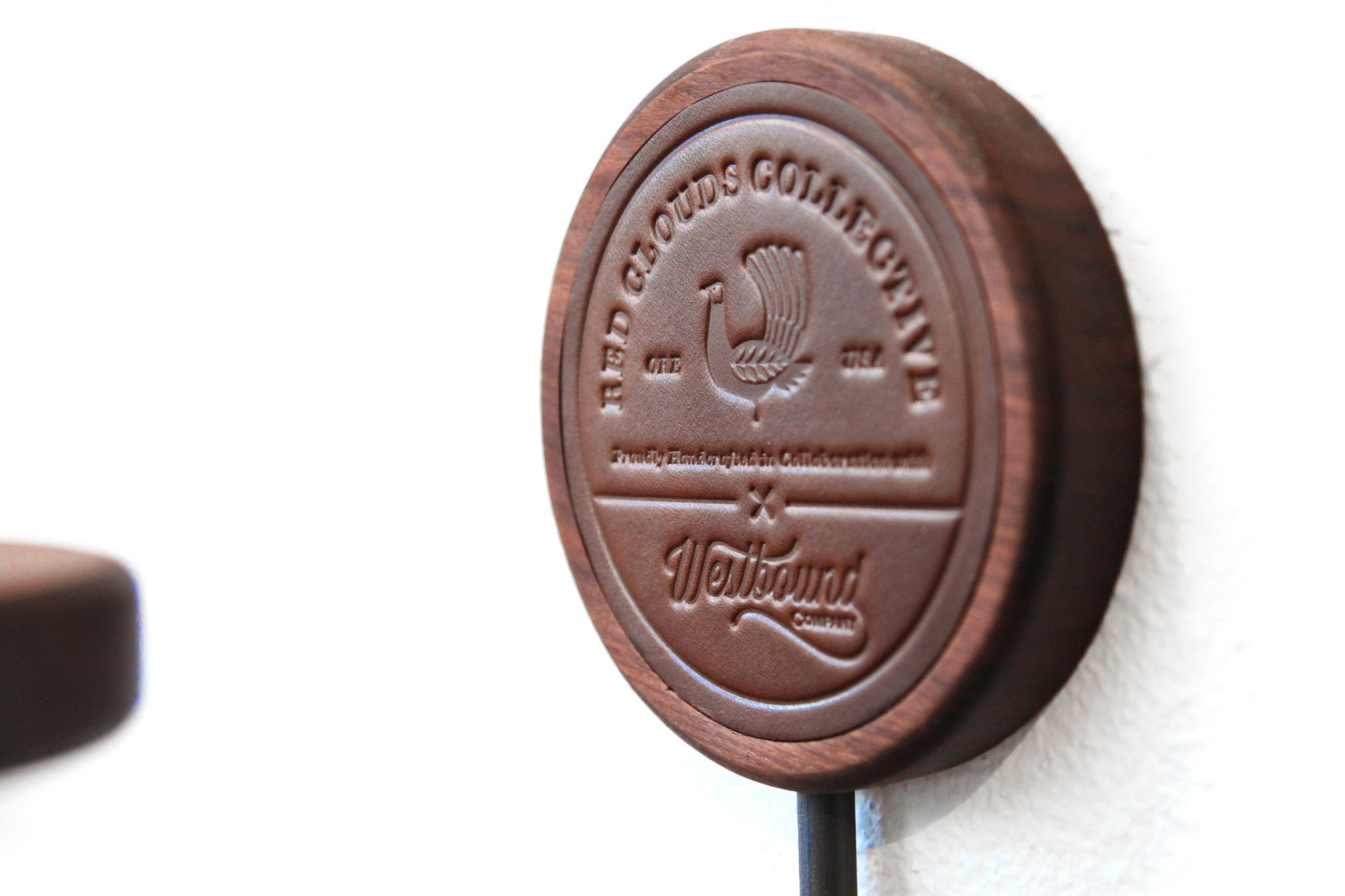 helmet rack, wood helmet rack, motorcycle helmet rack, metal helmet rack, leather and wood, metal and wood, westbound and red clouds