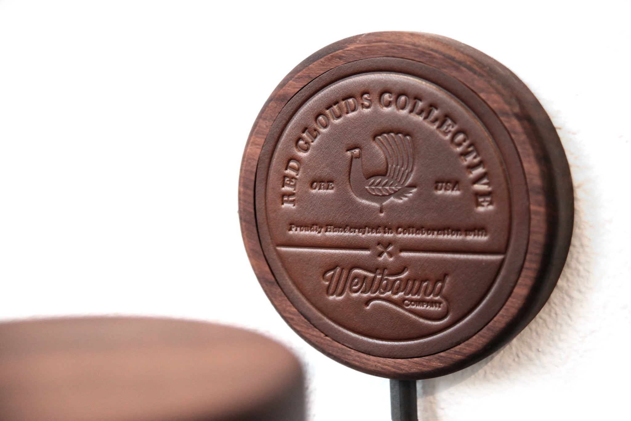 helmet rack, wood helmet rack, motorcycle helmet rack, metal helmet rack, leather and wood, metal and wood, westbound and red clouds