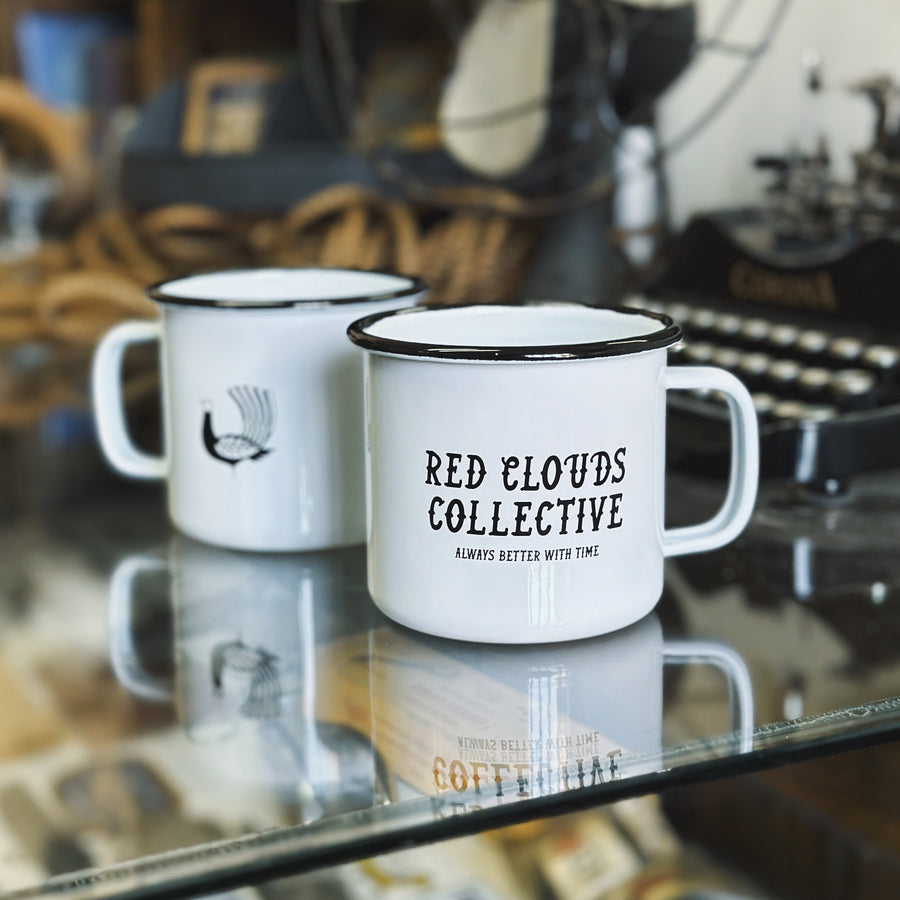 camp mug, enamel camp mug, red clouds mug, camp cup, enamel