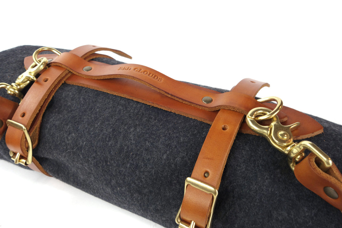 Personalized Leather Handle Strap with Khaki Wool Throw Blanket –