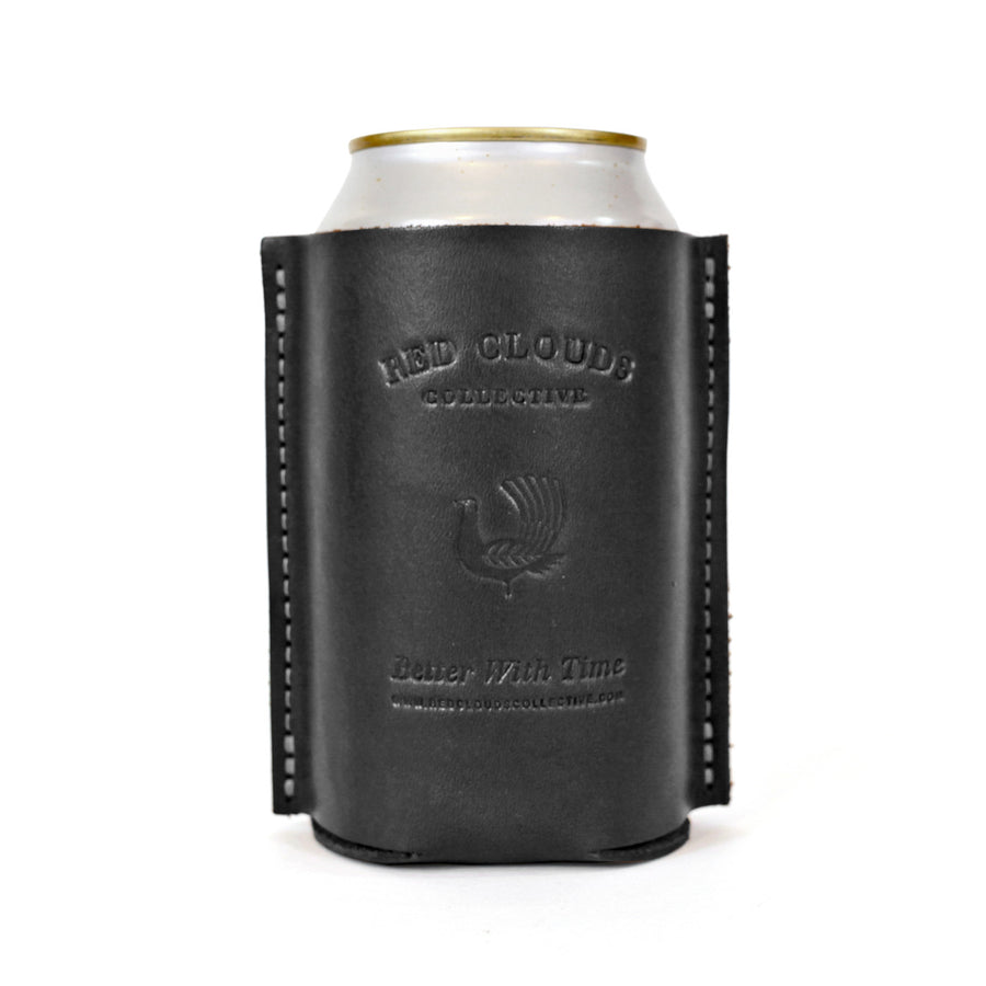 leather koozie, leather can, leather coozie, coaster, leather beer holder, leather bottle koozie, made in usa, black leather