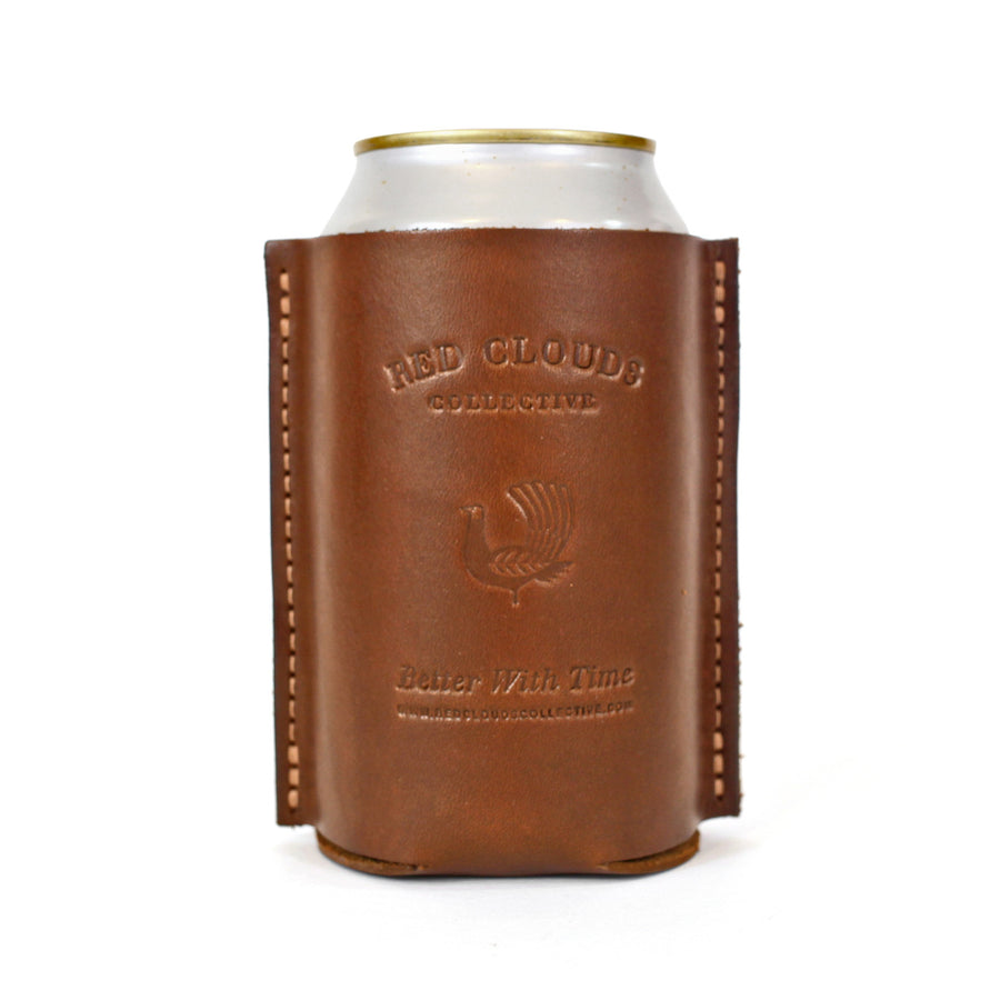 leather koozie, leather can, leather coozie, coaster, leather beer holder, leather bottle koozie, made in usa, tan leather