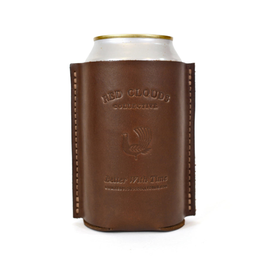 leather koozie, leather can, leather coozie, coaster, leather beer holder, leather bottle koozie, made in usa, walnut leather