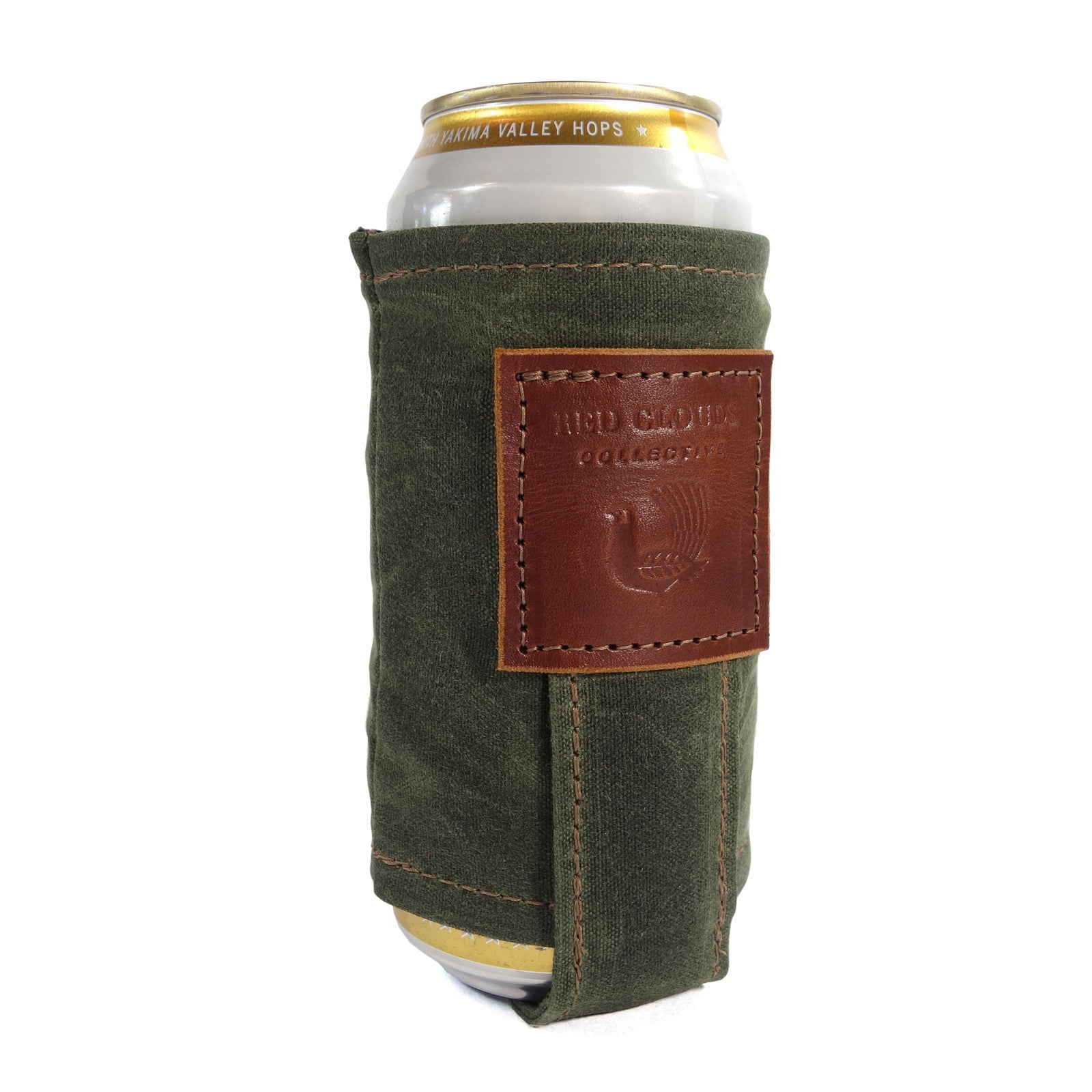 Magnetic Koozie, waxed canvas koozie, leather koozie, rare earth magnets, beer koozie, tallboy koozie, red clouds koozie, This is not your normal koozie. It uses very strong, rare earth magnets to hold the weight of your full beverage attached to the fridge, stove, your car or any other metal surface while you are working or playing. A clever back loop also lets you attach a string and wear the koozie around your neck.